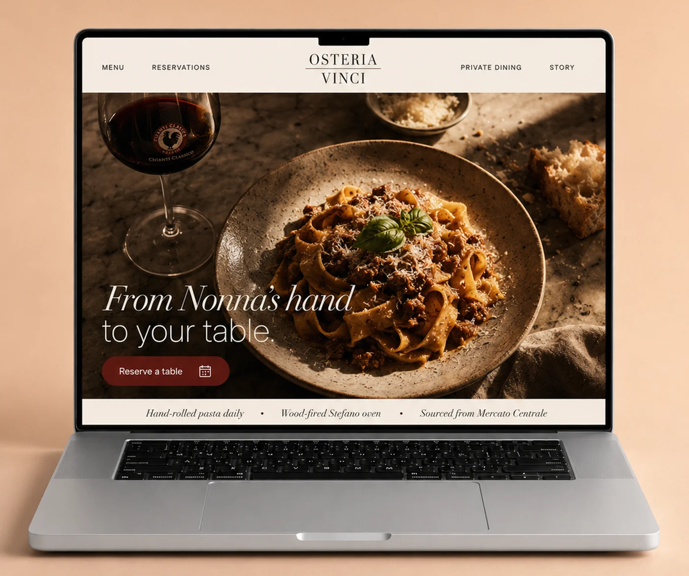 Osteria Vinci restaurant website shown on a laptop